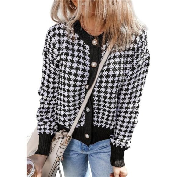 Women’s Plaid Knit Cardigan – V-Neck Button Down Long Sleeve Sweater